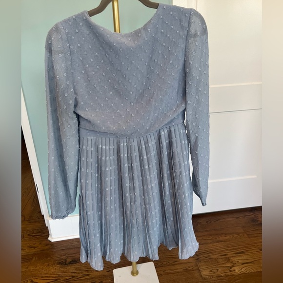 Lulus Size XS Poetic Love Dusty Blue Swiss Dot Long Sleeve Pleated Mini Dress - Picture 6 of 8